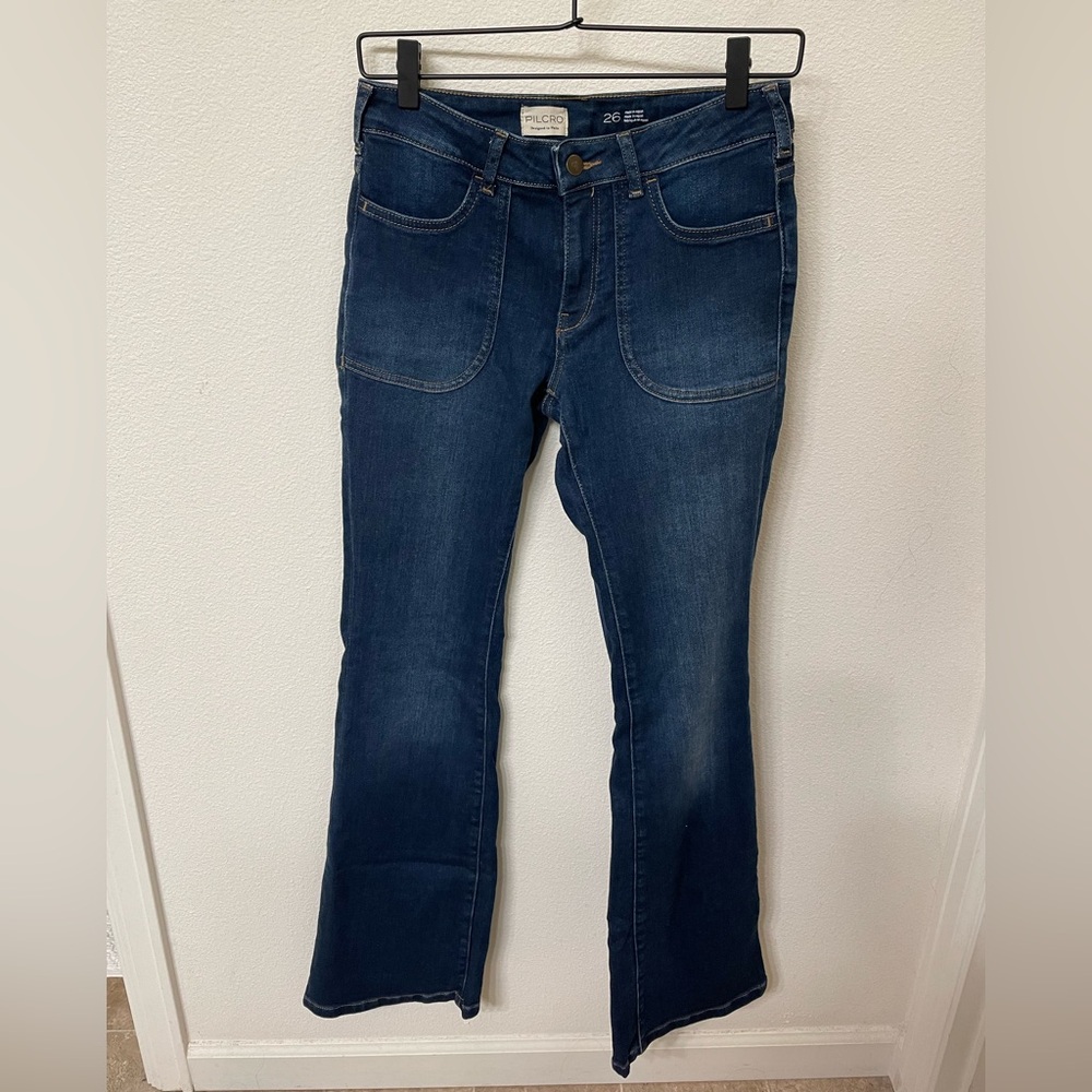 Pilcro Dark Blue Bootcut Jeans with Patch Pockets